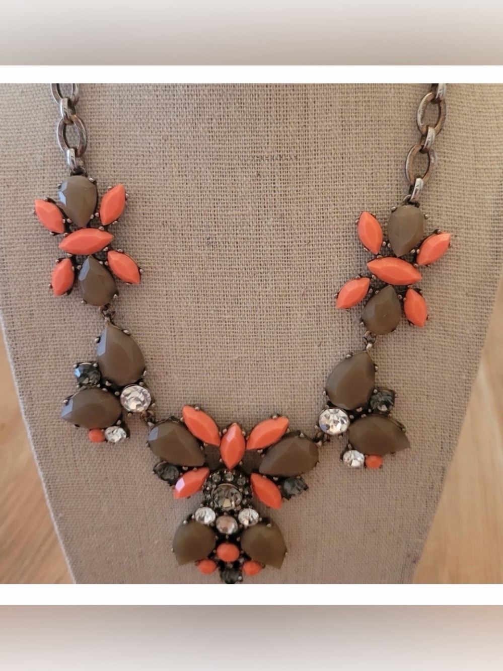 J. Crew Coral, Taupe, Smoky Topaz Floral Bib Statement Necklace